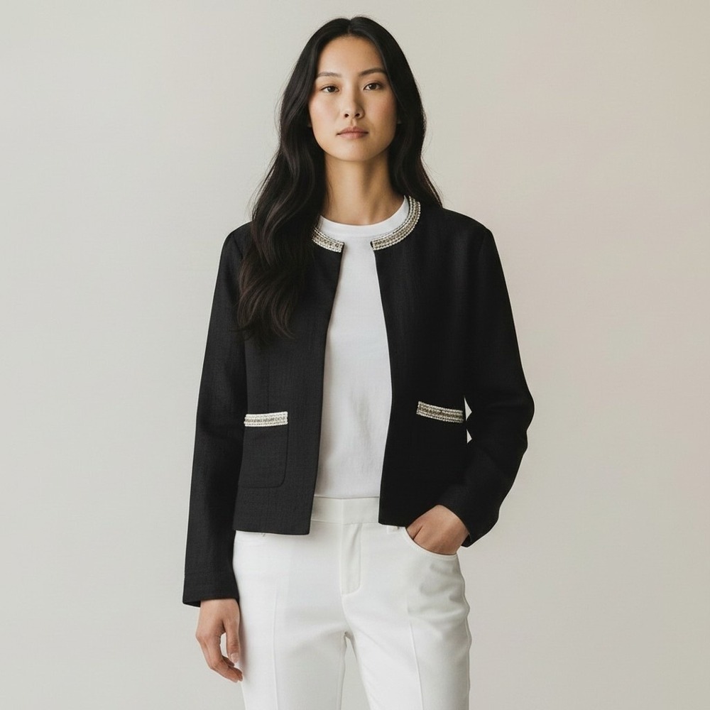 Tommy Bahama 100% Linen Jacket Womens L Black Beaded Embellished Business Career